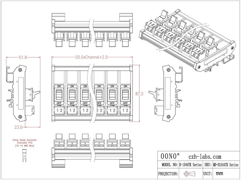 HCDC DIN Rail Mount Paddle Rocker Switch Module, 10Amp 250VAC / 50VDC (6 Channel) - Image 5